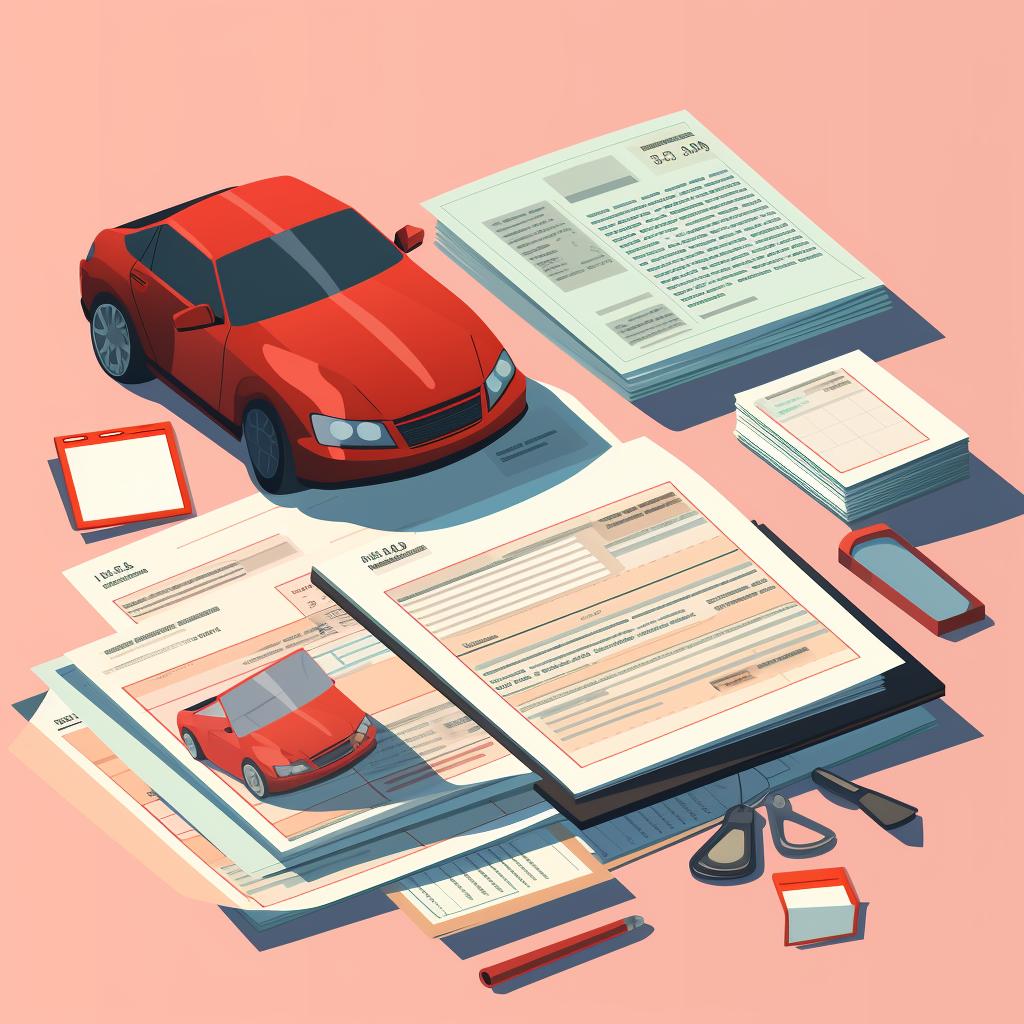 Documents spread out on a table including a driver's license, vehicle registration, and insurance papers