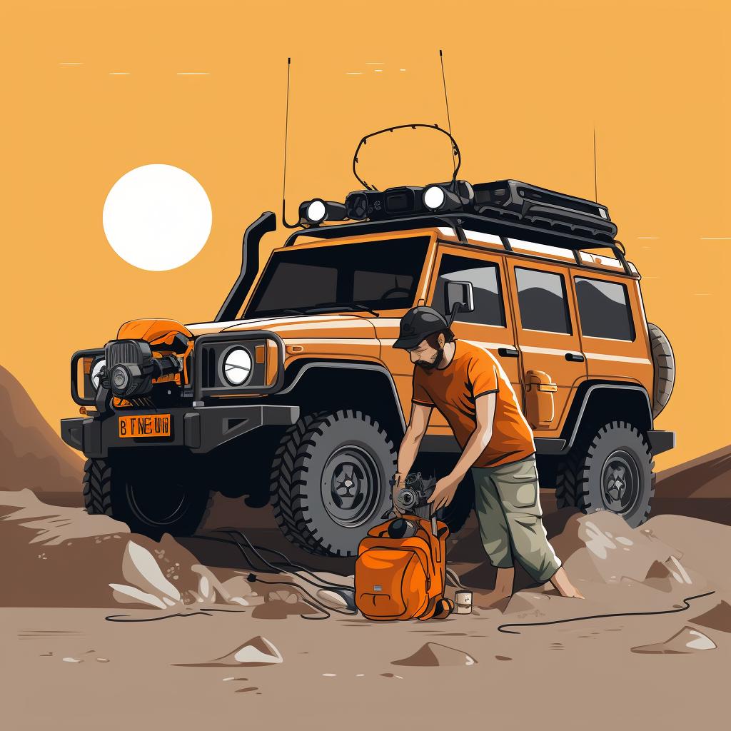 A person using recovery gear on a stuck 4x4 vehicle