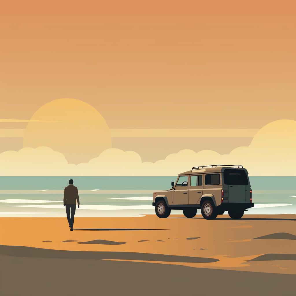 A person waiting by a 4x4 vehicle on a beach