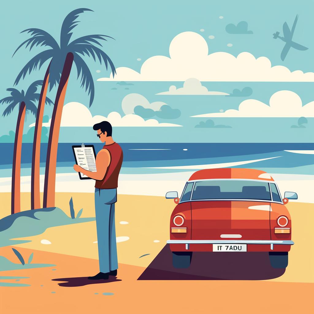 A person reading a signboard with beach driving regulations