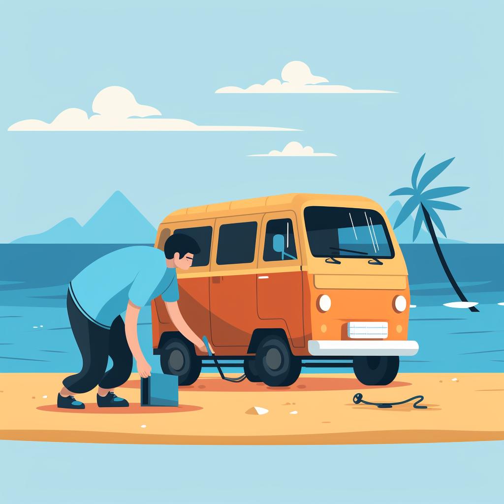 A person cleaning and inspecting a beach vehicle