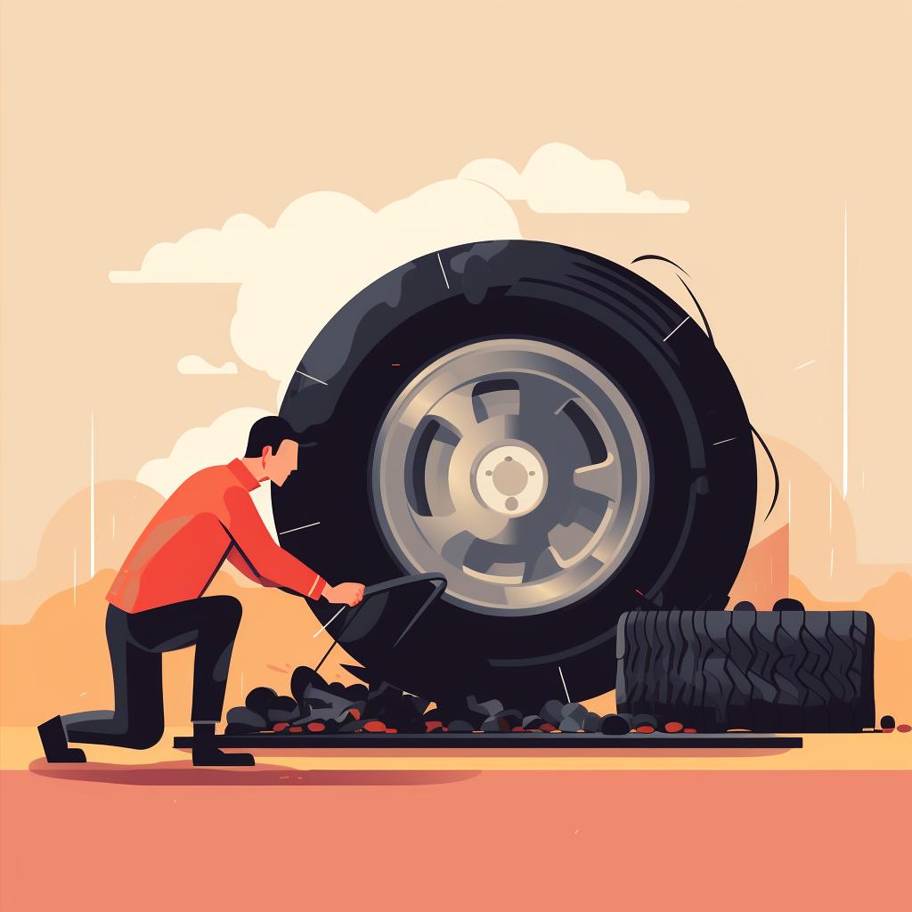 A damaged tire being replaced