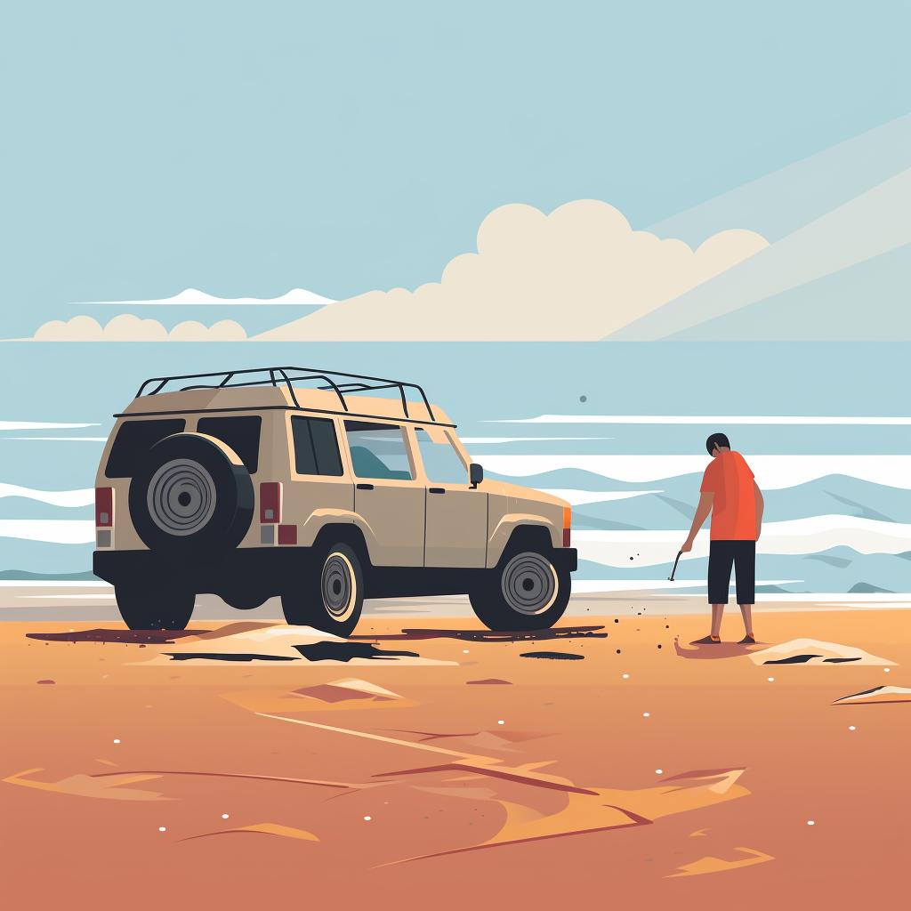 A person inspecting a stuck vehicle on the beach