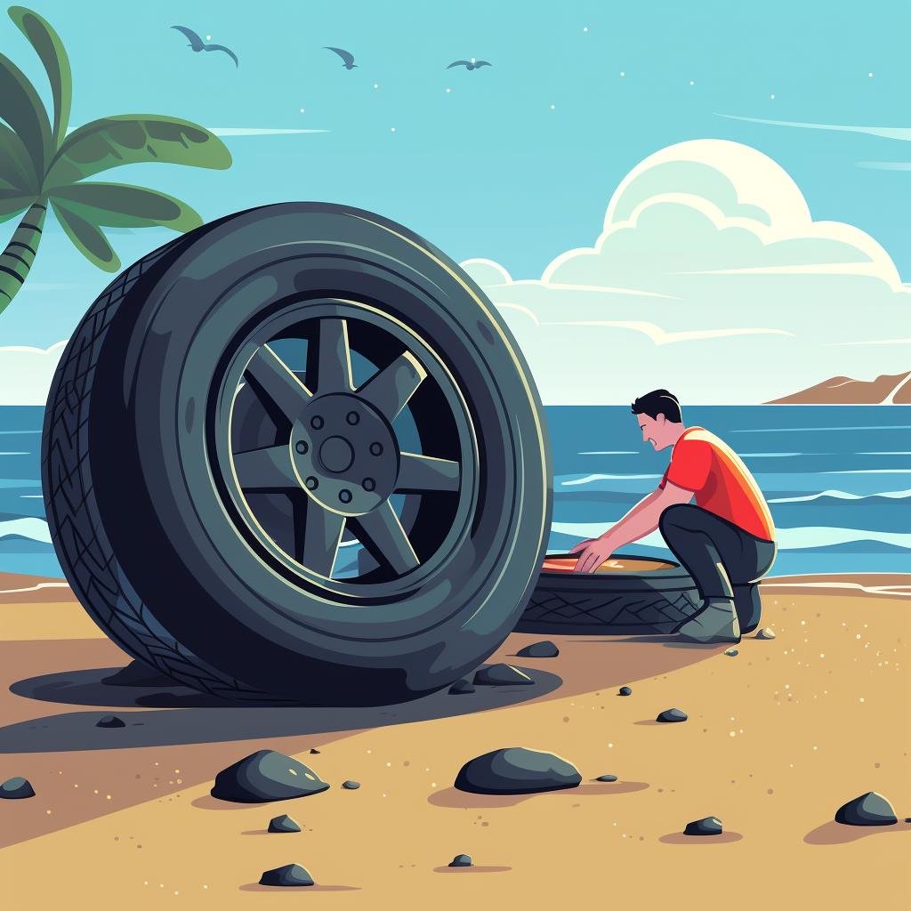 A person deflating the tires of a stuck vehicle on the beach