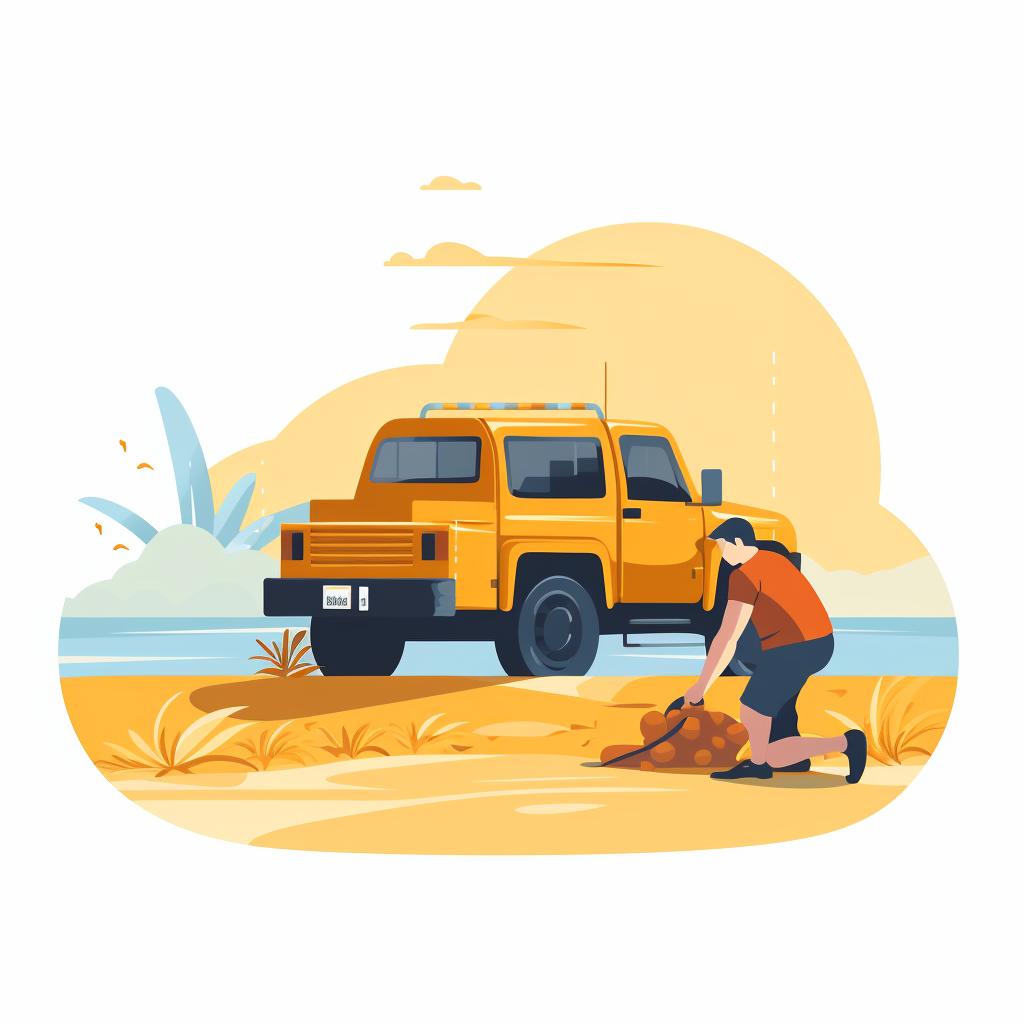 A person removing sand around a stuck vehicle on the beach