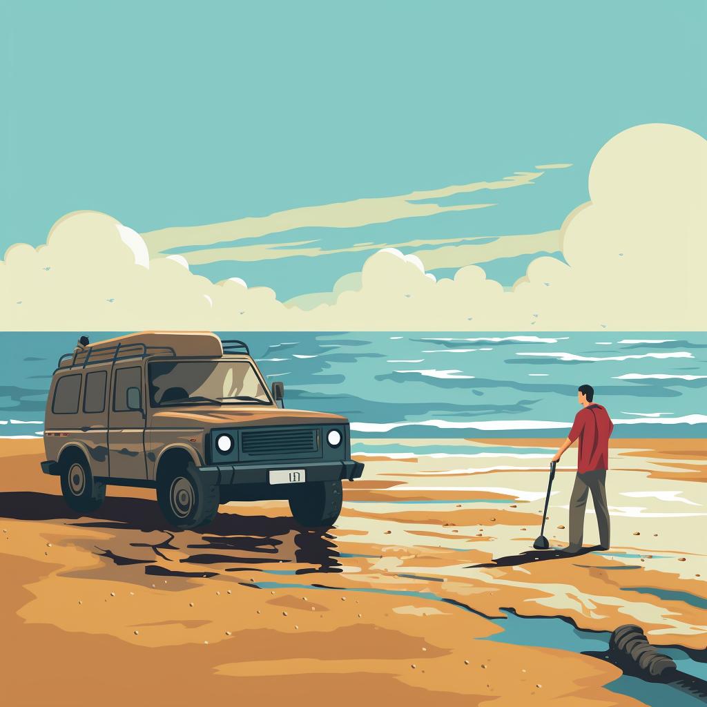 A person calling for help next to a stuck vehicle on the beach